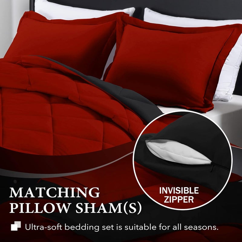 downluxe Lightweight Solid Comforter Set (Twin) with 1 Pillow Sham - 2-Piece Set - Red and Black - Down Alternative Reversible Comforter - Image 3