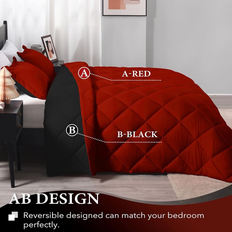 downluxe Lightweight Solid Comforter Set (Twin) with 1 Pillow Sham - 2-Piece Set - Red and Black - Down Alternative Reversible Comforter - Image 4