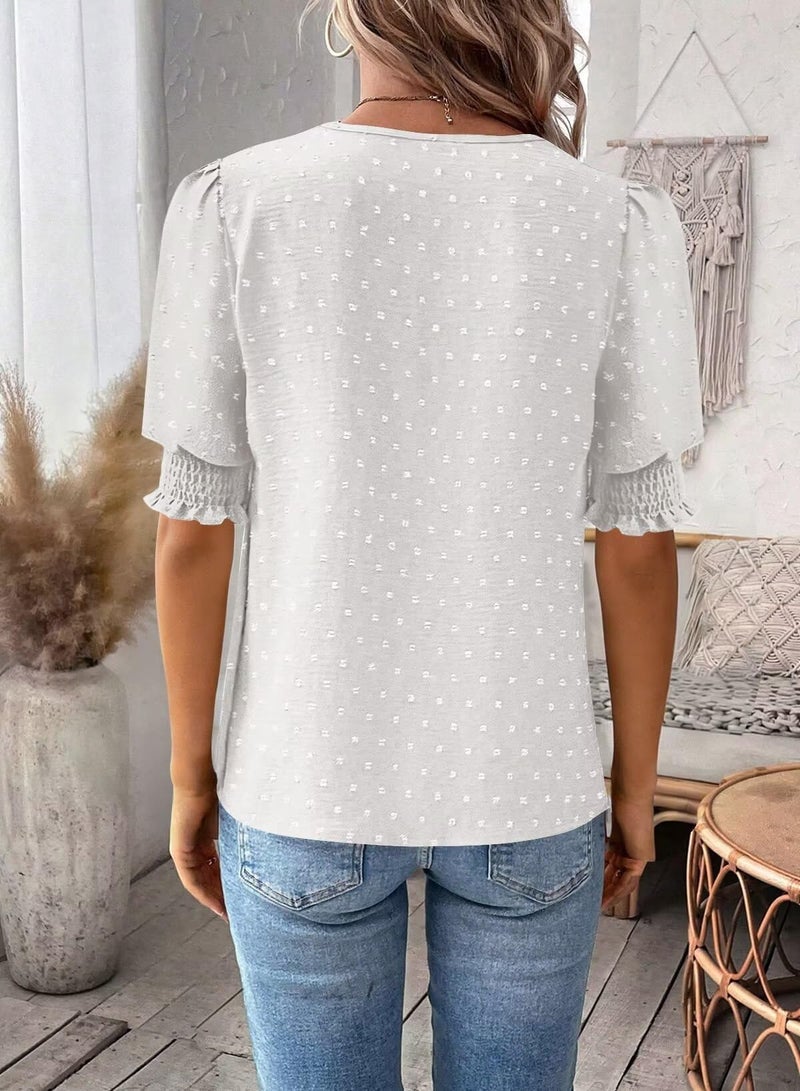 Falechay Spring Womens Tops Dressy Casual V Neck Womens Lace Crochet Tunic Tops Short Sleeve Shirts White Summer Blouses For Women Plus Size Xl - Image 5