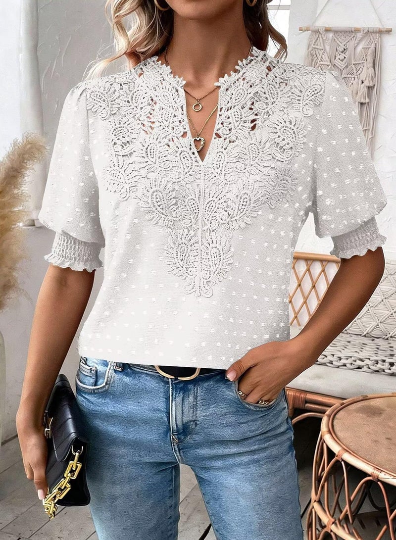 Falechay Spring Womens Tops Dressy Casual V Neck Womens Lace Crochet Tunic Tops Short Sleeve Shirts White Summer Blouses For Women Plus Size Xl - Image 2