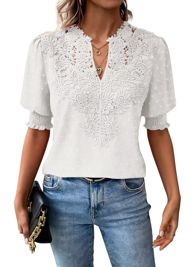 Falechay Spring Womens Tops Dressy Casual V Neck Womens Lace Crochet Tunic Tops Short Sleeve Shirts White Summer Blouses For Women Plus Size Xl - Image 1