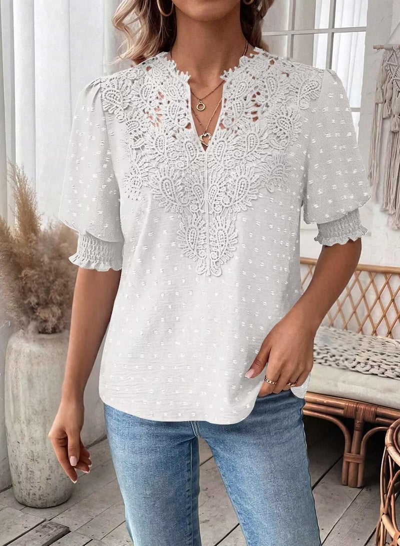Falechay Spring Womens Tops Dressy Casual V Neck Womens Lace Crochet Tunic Tops Short Sleeve Shirts White Summer Blouses For Women Plus Size Xl - Image 4
