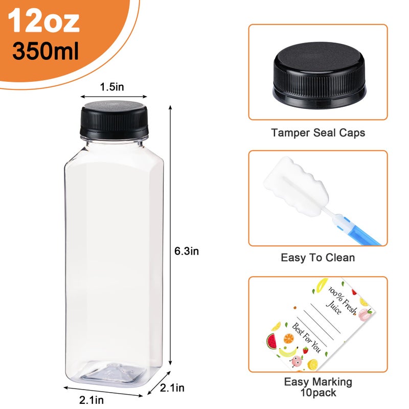 BOOMIBOO Juice Bottles with Caps 10Pcs 12oz, Plastic Bottleswith Caps, Clear Reusable Water Bottle, Used for Juicing Bottles, Smoothie Bottle, Juice Containers - with 10Pcs Labels & Bottle Brush - Image 2