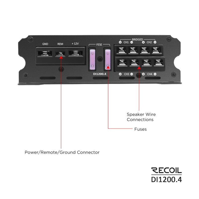 Recoil DI1200-4 Full-Range Class-D 4-Channel Car Audio Amplifier, 2,400 Watts, 2-4 Ohm Stable, MOSFET Power Supply, Bridgeable - Image 5