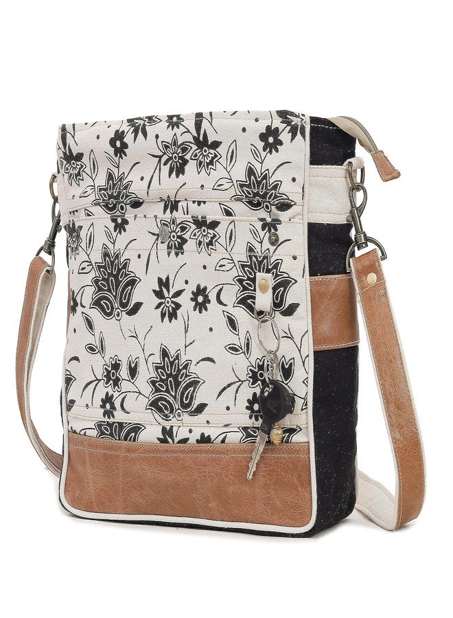 CREATIVE LEATHER ART CLA Bags SEL de MER Upcycled Off-White Blossom Print Canvas & Leather Shoulder Bag, Canvas Crossbody Bags for Women (Off-White) - Image 1
