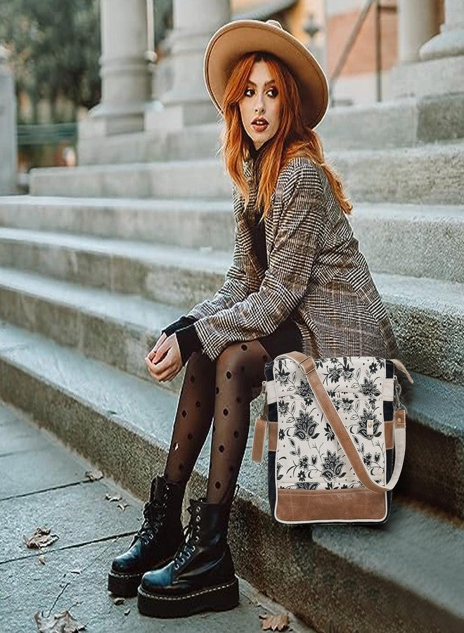 CREATIVE LEATHER ART CLA Bags SEL de MER Upcycled Off-White Blossom Print Canvas & Leather Shoulder Bag, Canvas Crossbody Bags for Women (Off-White) - Image 2
