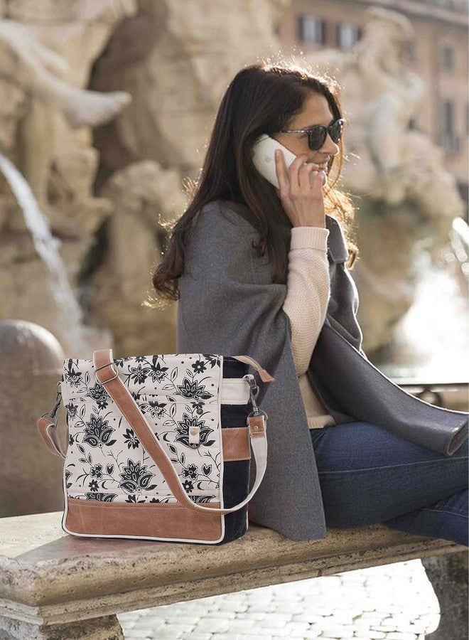 CREATIVE LEATHER ART CLA Bags SEL de MER Upcycled Off-White Blossom Print Canvas & Leather Shoulder Bag, Canvas Crossbody Bags for Women (Off-White) - Image 3