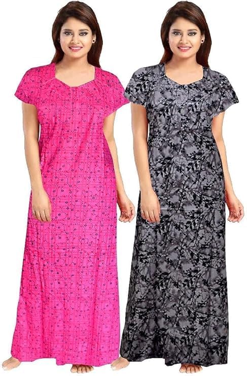 Vlazom Women’s Cotton Printed Maxi Nighty – Ankle Length Night Dress Gown, Pack of 2, Free Size – Soft & Breathable Sleepwear (Rani,Grey, Free Size) - Image 5