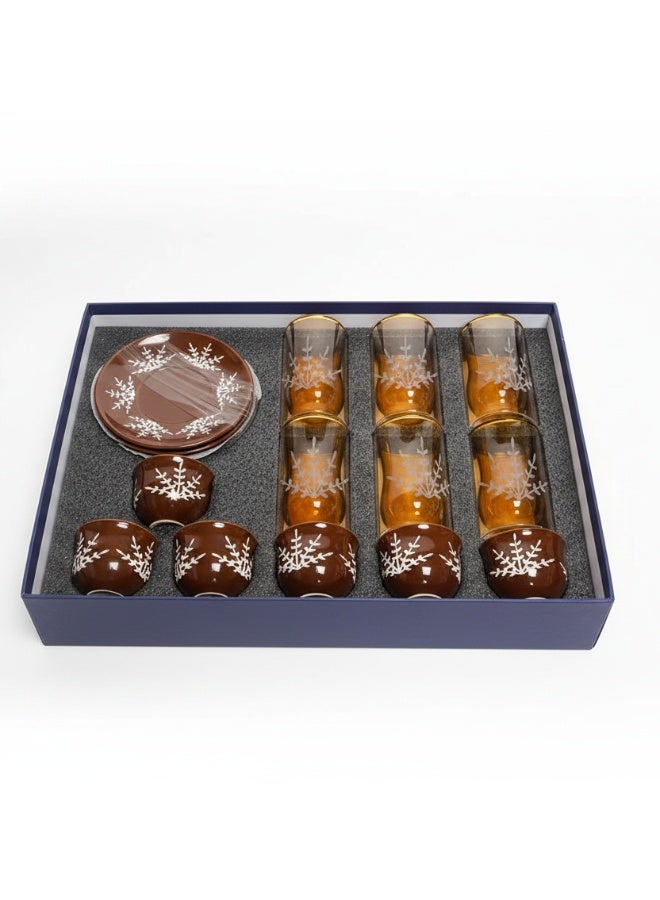 Ameco 18-Piece Arabic Tea & Coffee Gift Set |6x 80ml Tea Cups, 6 x 200ml Coffee Mugs, 6x Saucers |  Amber Glass Cups with Brown Ceramic Saucers