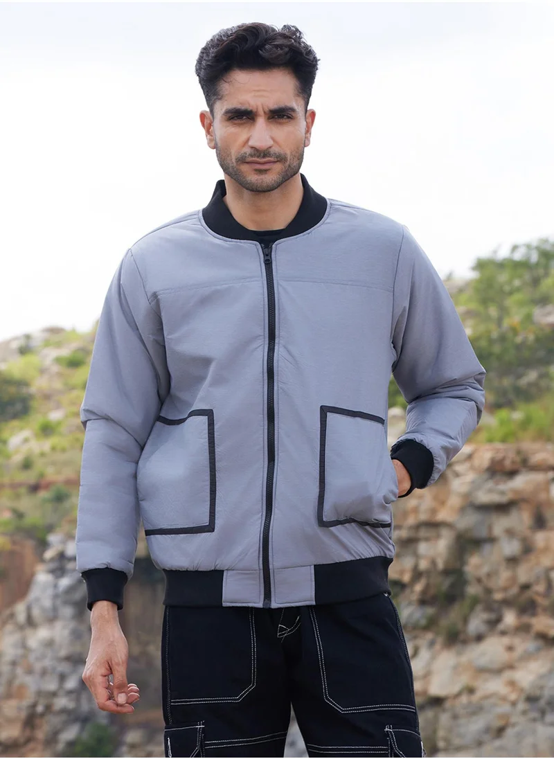 Campus Sutra Men's Light Grey Zip-Front Puffer Jacket With Contrast Detail