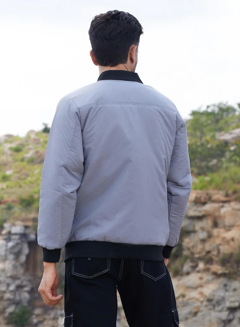 كامبوس سوترا Men's Light Grey Zip-Front Puffer Jacket With Contrast Detail