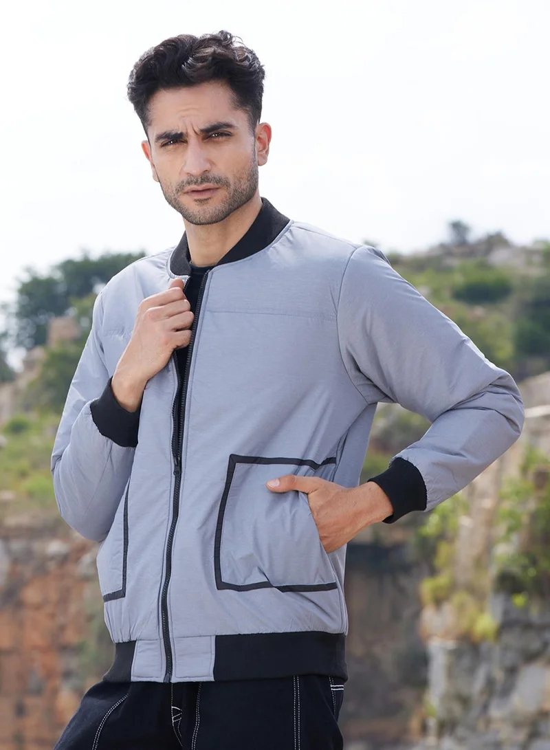 كامبوس سوترا Men's Light Grey Zip-Front Puffer Jacket With Contrast Detail