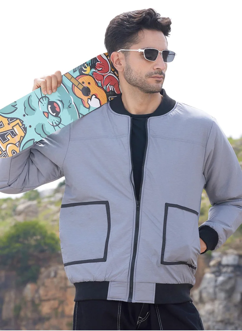 Campus Sutra Men's Light Grey Zip-Front Puffer Jacket With Contrast Detail