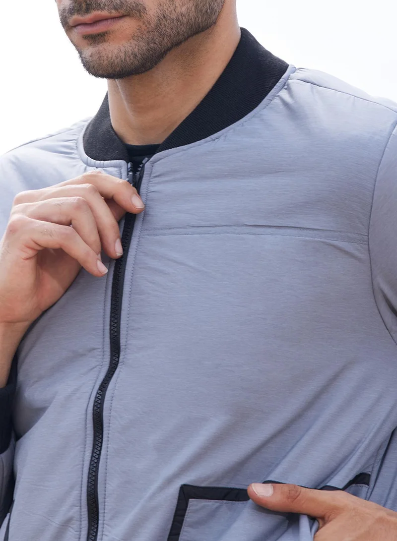 كامبوس سوترا Men's Light Grey Zip-Front Puffer Jacket With Contrast Detail