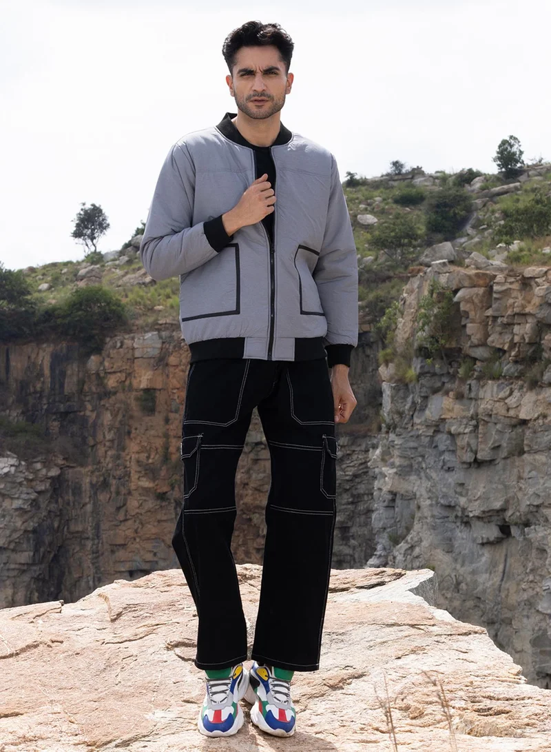 كامبوس سوترا Men's Light Grey Zip-Front Puffer Jacket With Contrast Detail