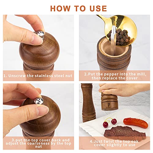 XWXO Wood Salt and Pepper Grinder Set, Salt Mill Pepper Grinder Set, Pepper Mill, Salt Shakers with Adjustable Ceramic Rotor- Oak Wood Pepper Grinder for Your Kitchen 8 inches - Pack of 2 - Image 3
