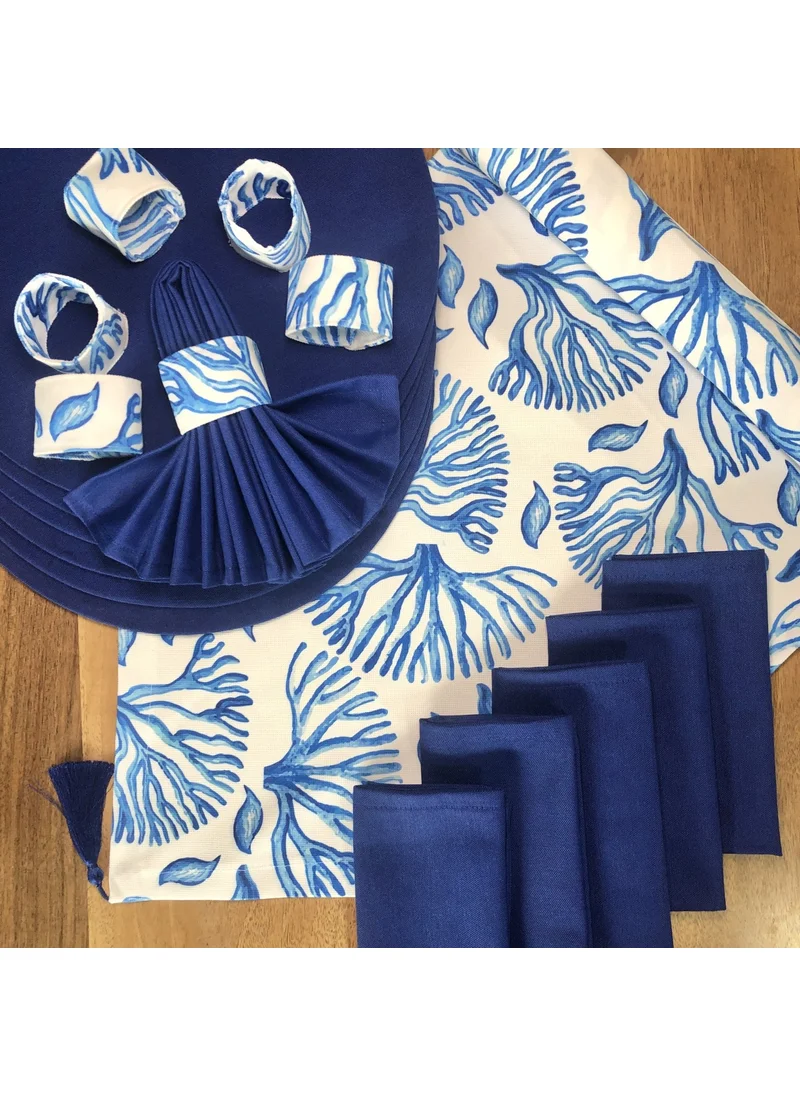 Deseni̇zmir PatternIzmir Placemat Blue Coral Pattern Set 6 Table Plates, 6 Cloth Napkins, 6 Napkin Rings and Runner Cover Combination 4