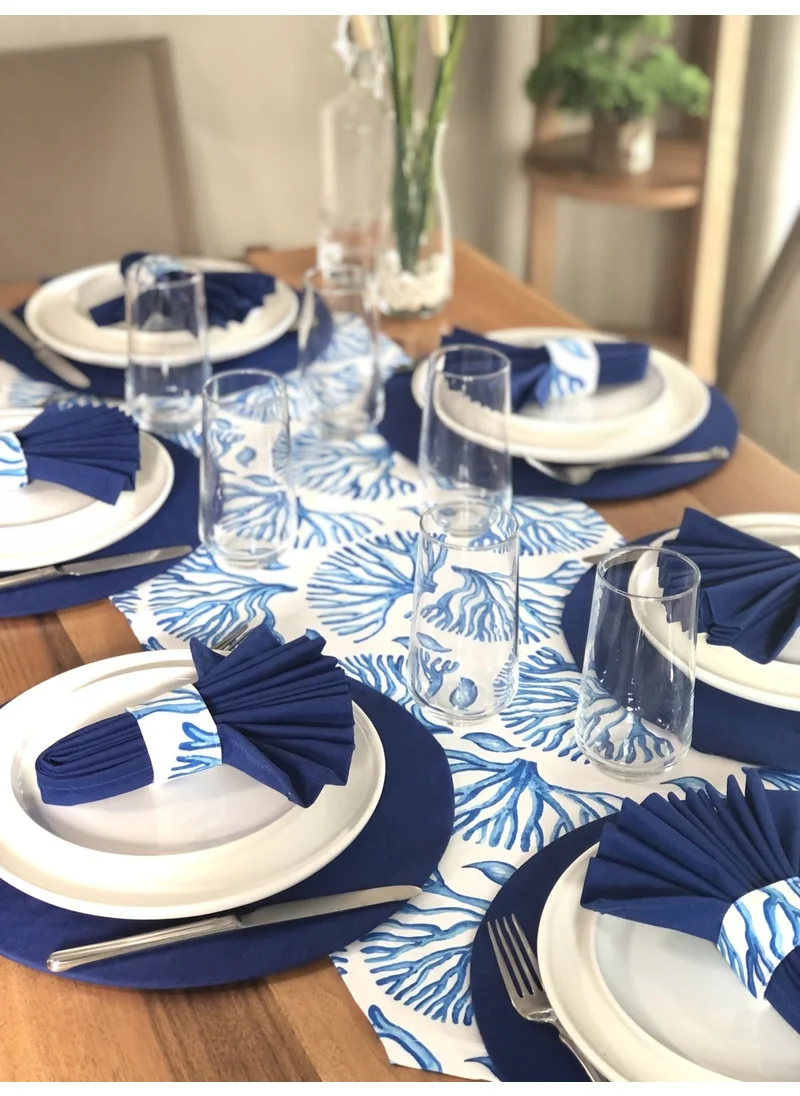 Deseni̇zmir PatternIzmir Placemat Blue Coral Pattern Set 6 Table Plates, 6 Cloth Napkins, 6 Napkin Rings and Runner Cover Combination 4