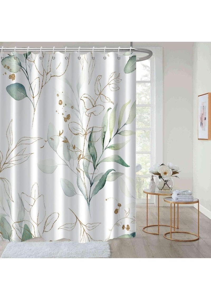Green Eucalyptus Shower Curtain Abstract Sage and Gold Leaves Set for Bathroom Waterproof Fabric Aesthetic Watercolor Botanical Decor with Hooks - Image 1