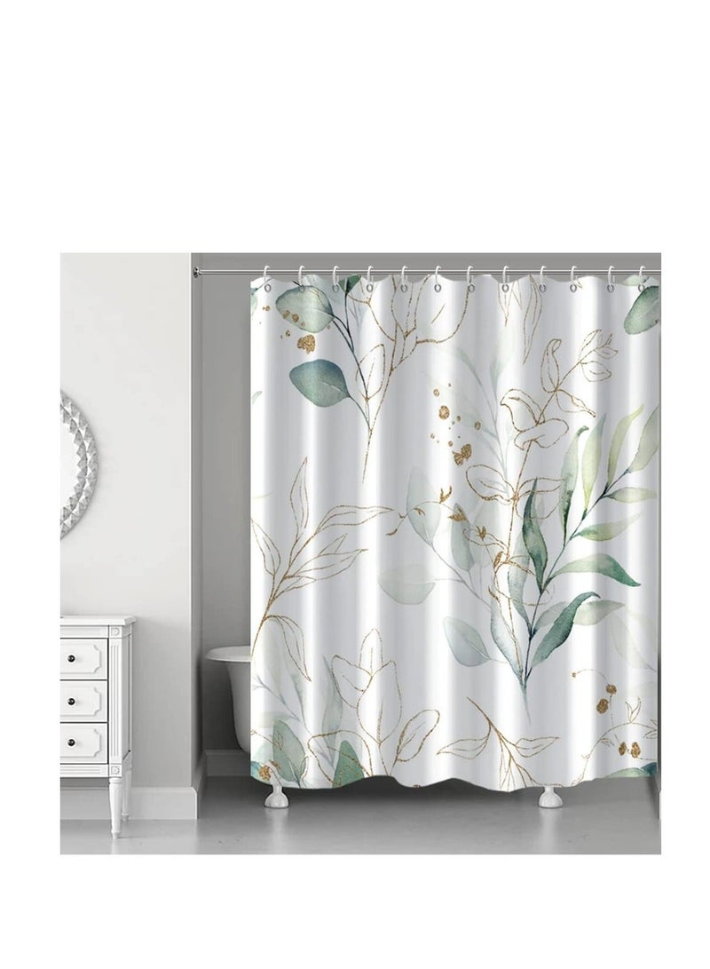 Green Eucalyptus Shower Curtain Abstract Sage and Gold Leaves Set for Bathroom Waterproof Fabric Aesthetic Watercolor Botanical Decor with Hooks - Image 2