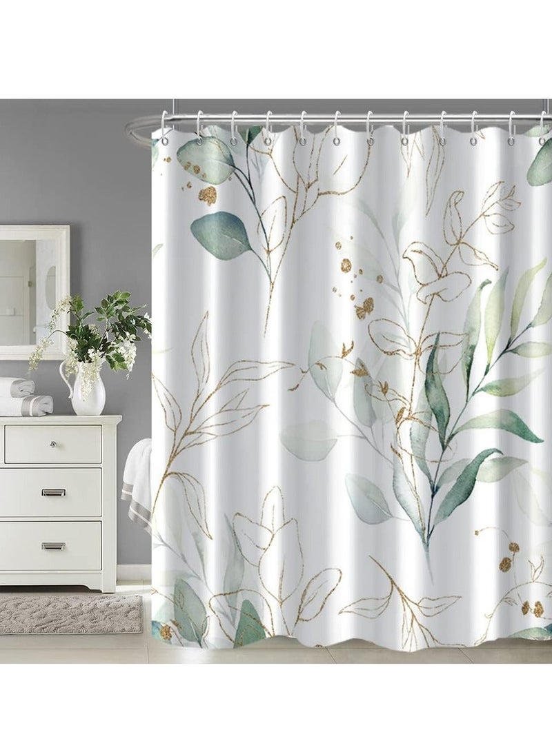 Green Eucalyptus Shower Curtain Abstract Sage and Gold Leaves Set for Bathroom Waterproof Fabric Aesthetic Watercolor Botanical Decor with Hooks - Image 3