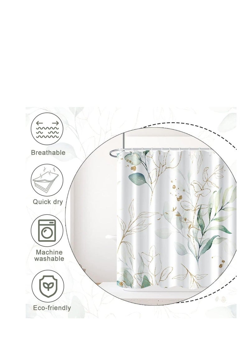 Green Eucalyptus Shower Curtain Abstract Sage and Gold Leaves Set for Bathroom Waterproof Fabric Aesthetic Watercolor Botanical Decor with Hooks - Image 4