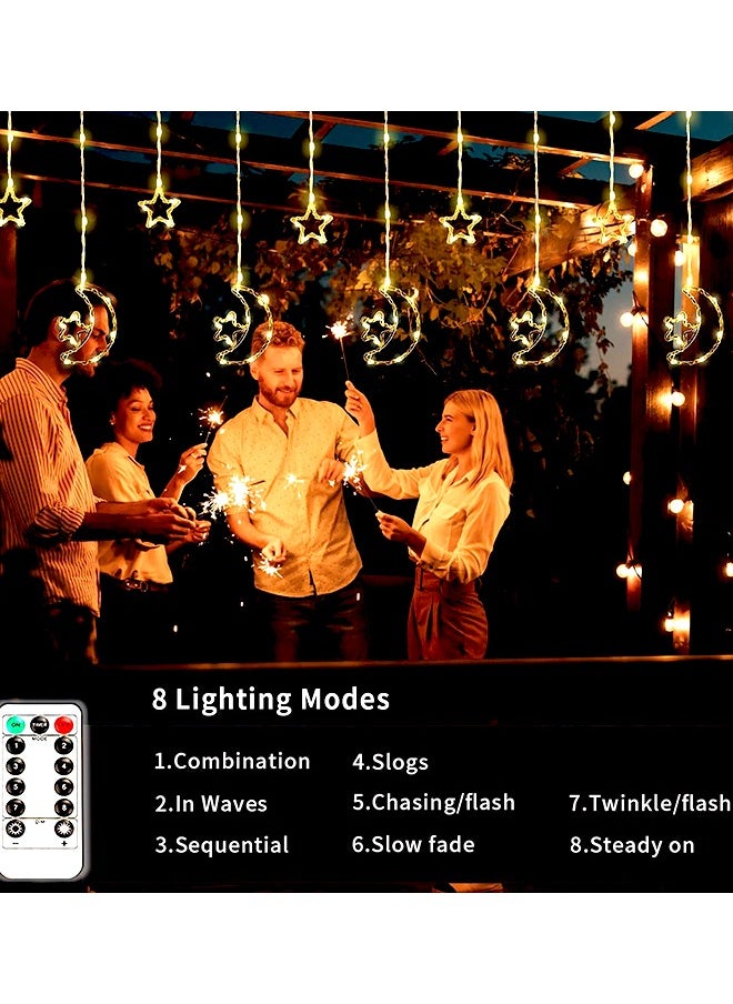 Yoawllty Ramadan Lights, Ramadan Decorations, Hanging Curtain Fairy Star Moon Lights for Ramadan Party Decorations(5 Big Moon Embraces Stars and 5 Small Stars)  - Image 4