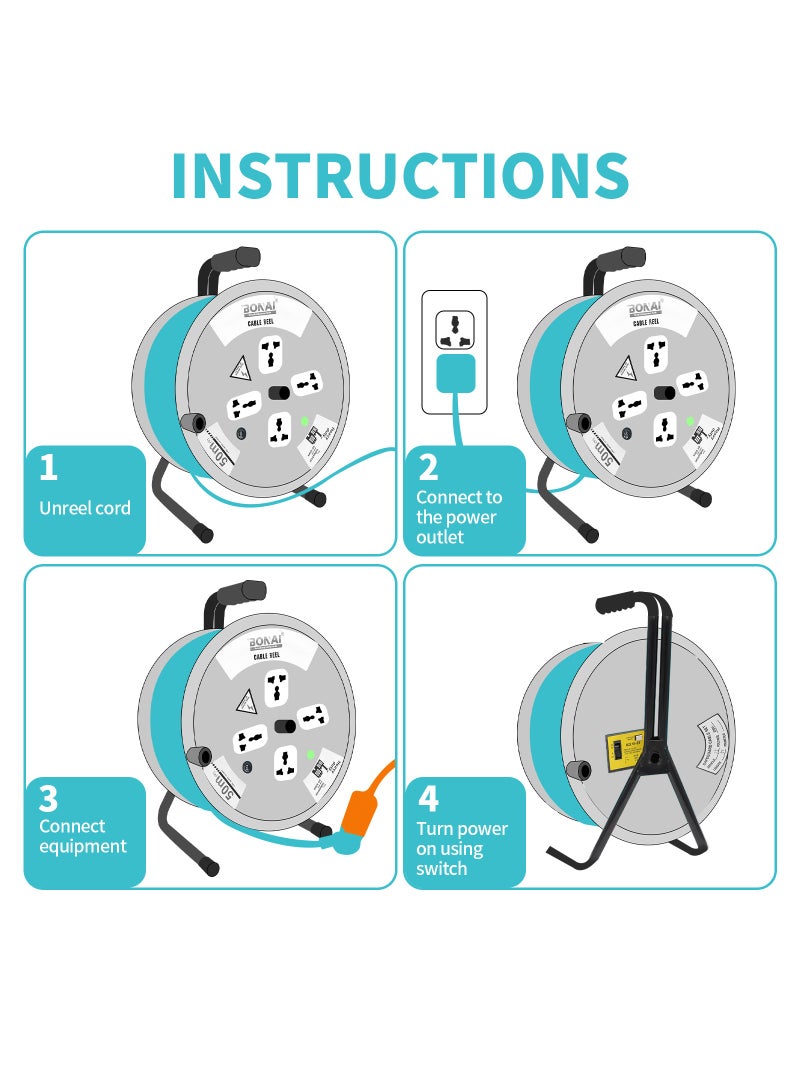 بوناي بكرة تمديد Bonai بطول 25 مترًا: قم بتشغيل مساحتك بأمان وكفاءة باستخدام 4 مقابس وحماية من الصمامات - Image 4