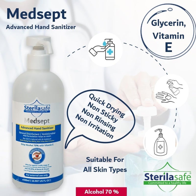 ستريلاسيف معقم اليدين المتقدم MedSept جل منعش يحتوي على 70% إيثانول كحول، مع فيتامين E، مطهر/مضاد للميكروبات عام، للنظافة الشخصية، 500 مل - Image 2