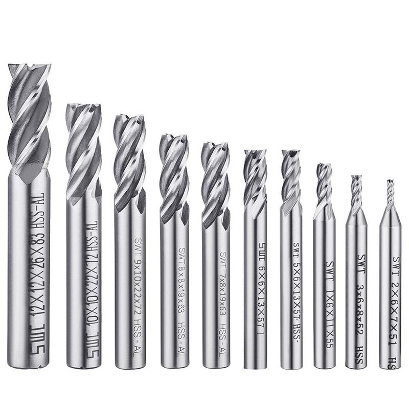 AFUNTA 10 PCS 0.08" - 0.47" End Mills, 4-Flute HSS CNC Straight Shank Drill Bit Set Cutter Tool Set for Wood Aluminum Steel Titanium - Image 1