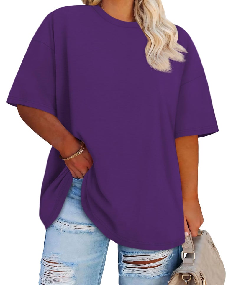 JOELLYUS Plus Size Tops Casual Oversized Tshirts for Women Loose Fit Crew Neck Blouses Summer Basic Tees(Purple, 3XL) - Image 1