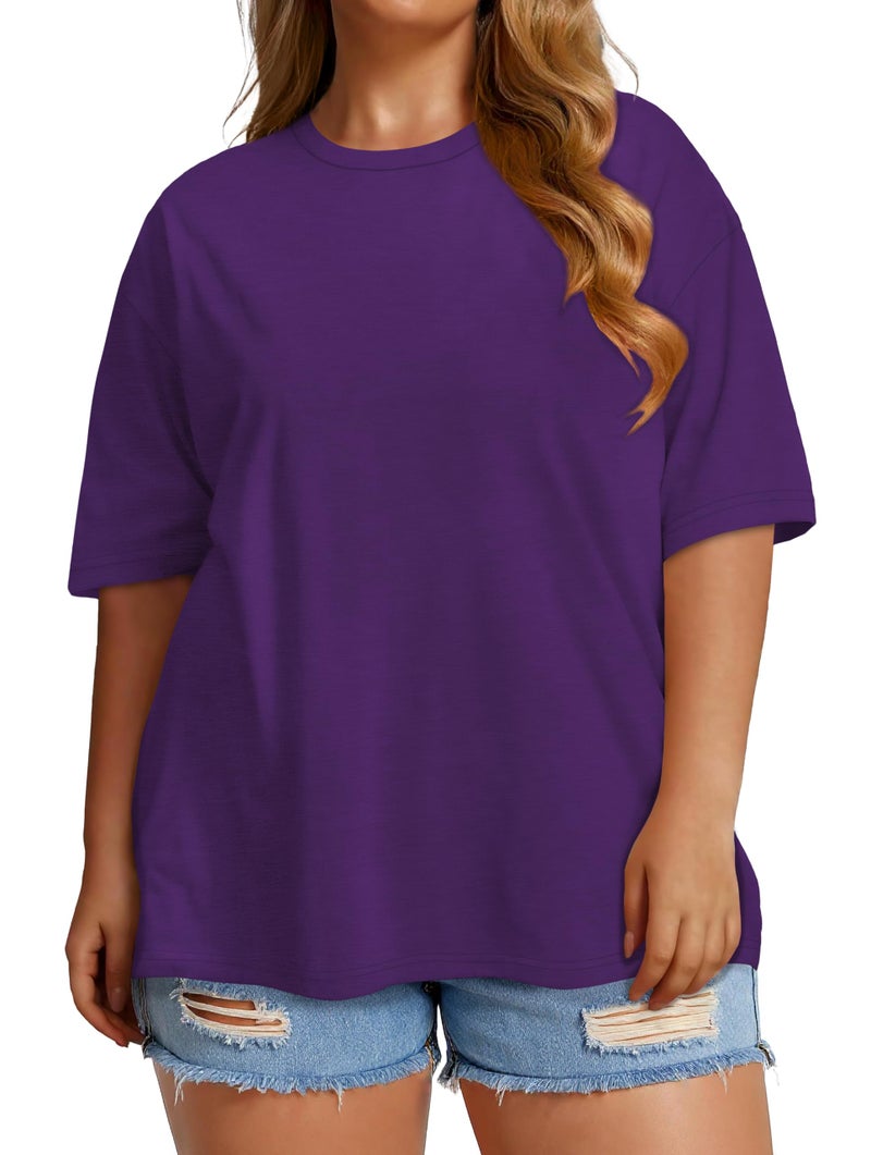 JOELLYUS Plus Size Tops Casual Oversized Tshirts for Women Loose Fit Crew Neck Blouses Summer Basic Tees(Purple, 3XL) - Image 2