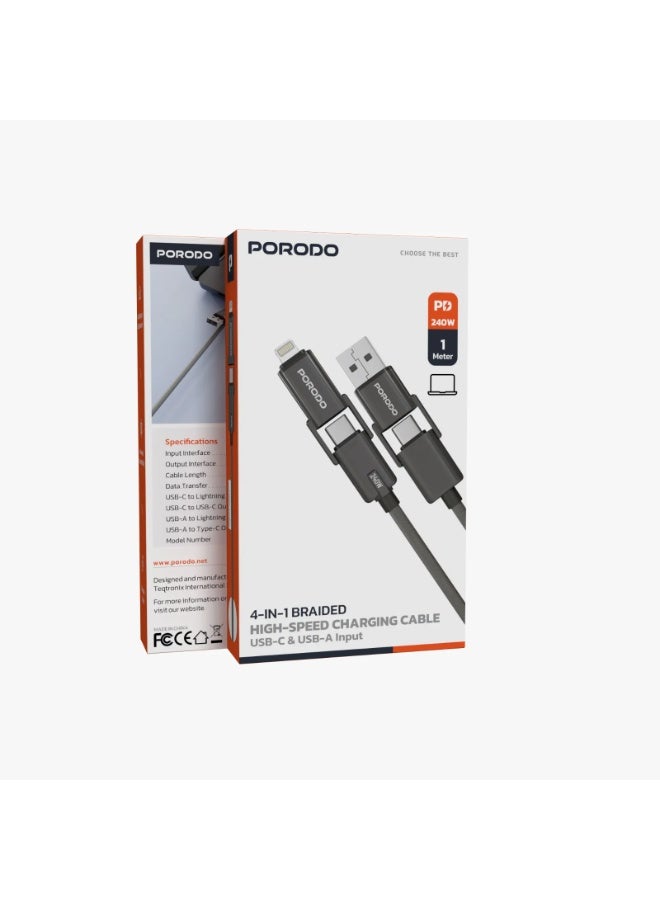 porodo Blue 4-in-1 Braided High-Speed Charging Cable USB-C & USB-A Input PD 240W 1M – Black - Image 3