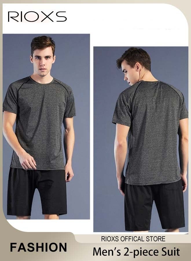 RIOXS Men's 2PCS Fitness Sports Set, Quick-Drying Short-Sleeved T-Shirt and Shorts, Lightweight Breathable Running Tight Set, Skin-friendly Wear-resistant Training Tracksuit, Designed for Athletic Comfortable Experience  - Image 1