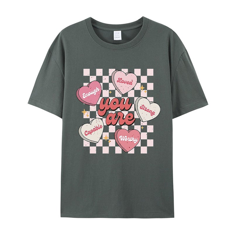 Unisex T-Shirt With Checkered Heart Print, Short-Sleeve Women'S Top, Loose Fit, Round Neck, 3D Stereo Print - Image 1
