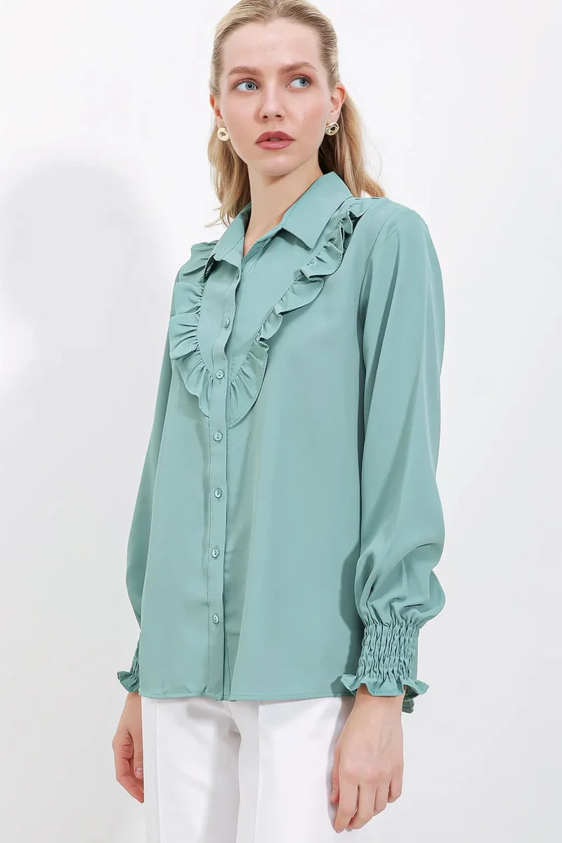 Big Dart Pine Green BDART Ruffle Detailed Shirt for Women | Best Price UAE