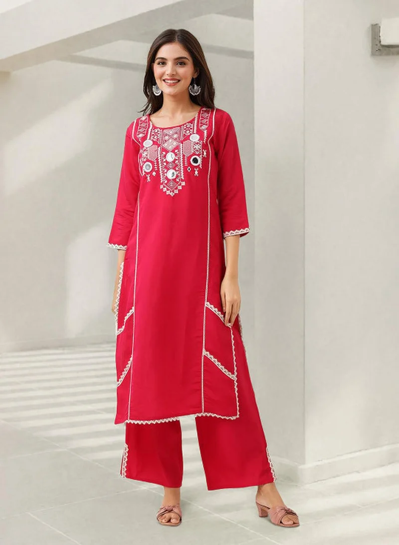 ISHIN Women's Pink Roman Silk Embroidered Tunic Upper With Full Palazzo Regular Fit 2 Piece Kurta Set