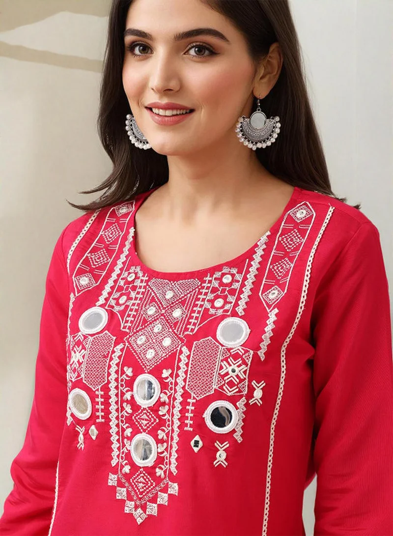 ISHIN Women's Pink Roman Silk Embroidered Tunic Upper With Full Palazzo Regular Fit 2 Piece Kurta Set