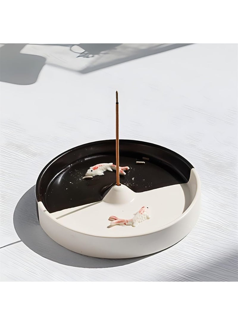SOLARAE حامل البخور، موقد بخور دائري حديث بسيط، حامل عصا البخور للقرون أو العصا، جامع رماد البخور الخزفي، موقد عصا البخور اليدوي، أسود وأبيض - Image 1