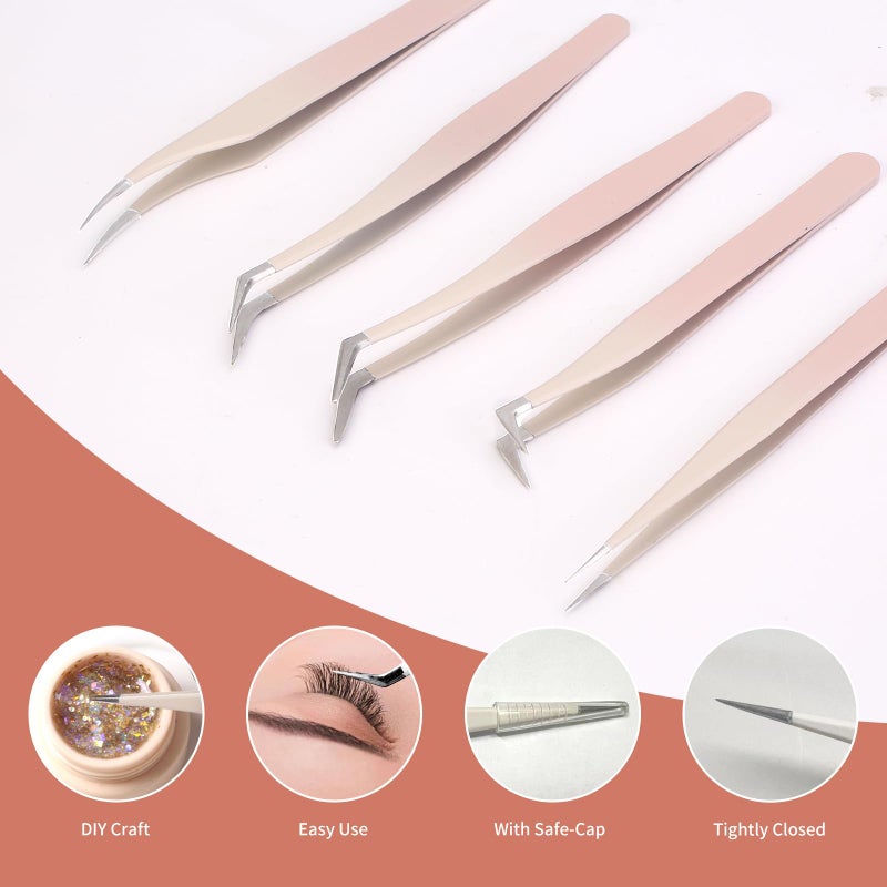 Rnodoilkfly 5 Pcs Lash Extension Tweezers, Lash Tweezers for Eyelash Extension, Straight and Curved Eyelash Tweezers, For Professional Eyelash Extension Artists, Girls, Women, Beginners - Image 5
