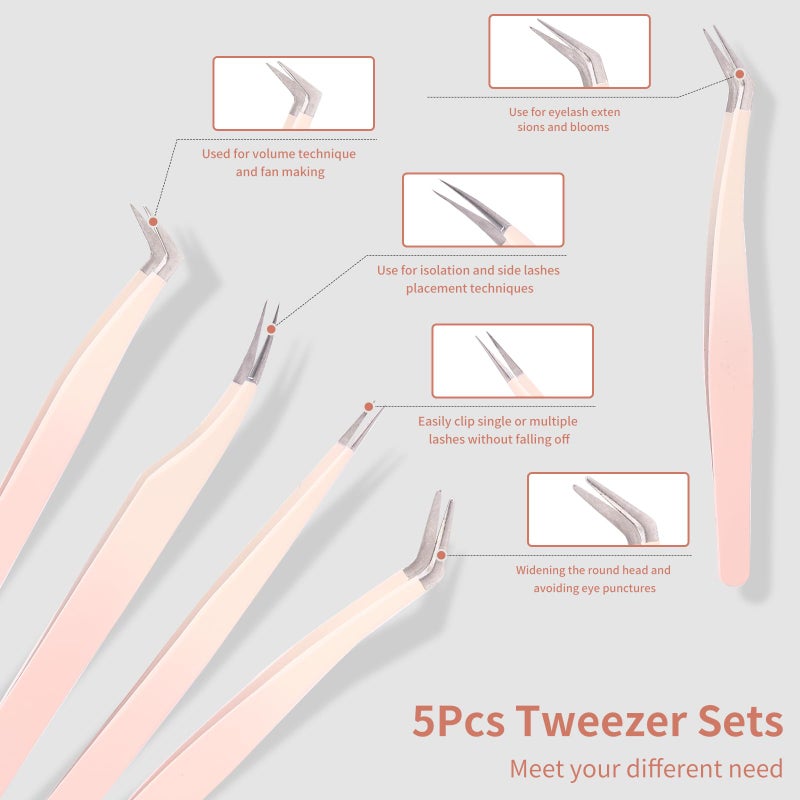 Rnodoilkfly 5 Pcs Lash Extension Tweezers, Lash Tweezers for Eyelash Extension, Straight and Curved Eyelash Tweezers, For Professional Eyelash Extension Artists, Girls, Women, Beginners - Image 2