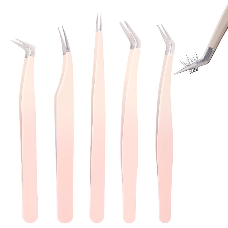 Rnodoilkfly 5 Pcs Lash Extension Tweezers, Lash Tweezers for Eyelash Extension, Straight and Curved Eyelash Tweezers, For Professional Eyelash Extension Artists, Girls, Women, Beginners - Image 1