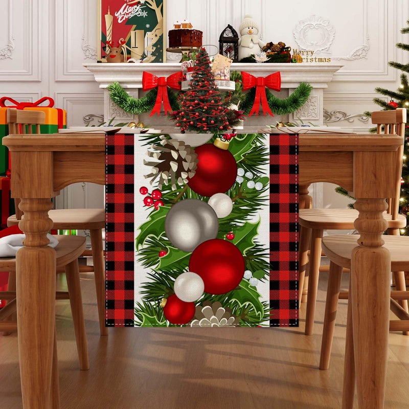 Jiudungs Linen Red and Black Buffalo Check Plaid Christmas Table Runner 36 Inches Long Farmhouse Winter Christmas Xmas Holiday Home Kitchen Table Decorations - Image 1