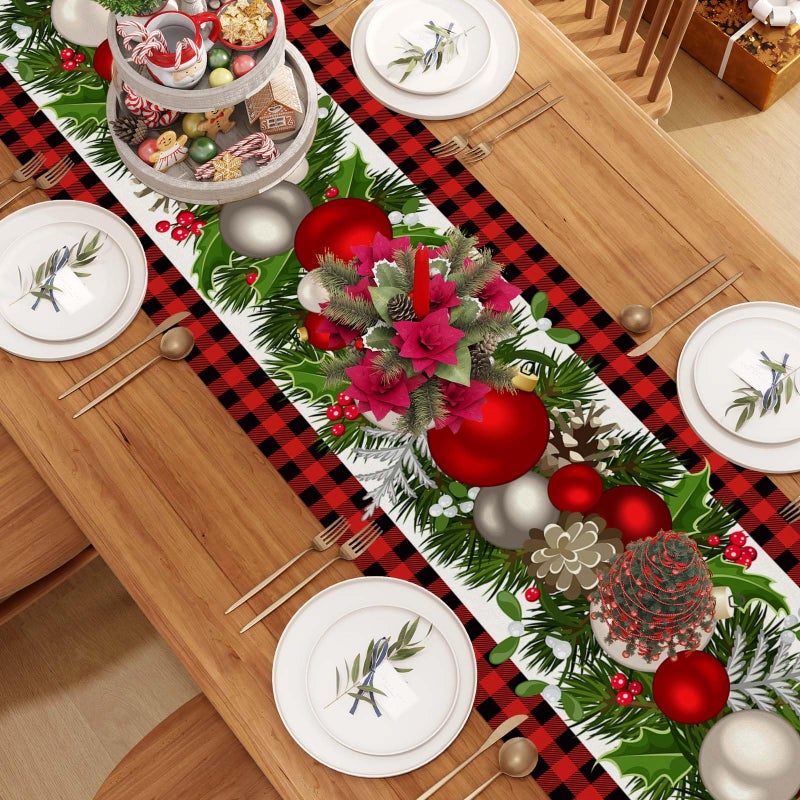 Jiudungs Linen Red and Black Buffalo Check Plaid Christmas Table Runner 36 Inches Long Farmhouse Winter Christmas Xmas Holiday Home Kitchen Table Decorations - Image 3