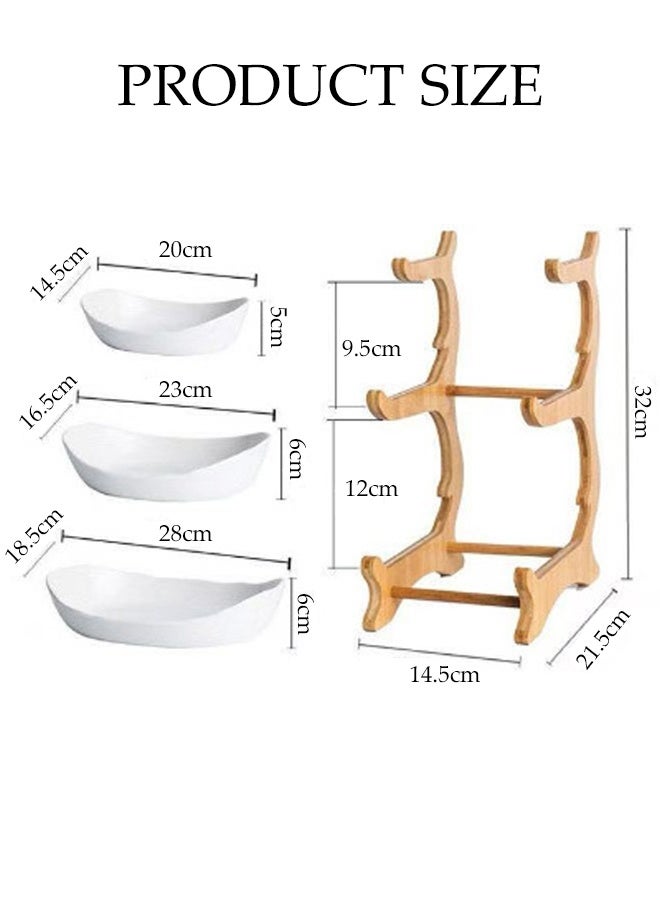 DUNISO 3 Tier Fruit Basket Kitchen Fruit Bowl Long Lasting Elegant Fruit Storage Bowls Luxury Serving Snack Table Plates Serve Dessert Trays Oval Bowl Set with Natural Rack Tiered Serving Tray Set for Fruits and Vegetables - Image 4