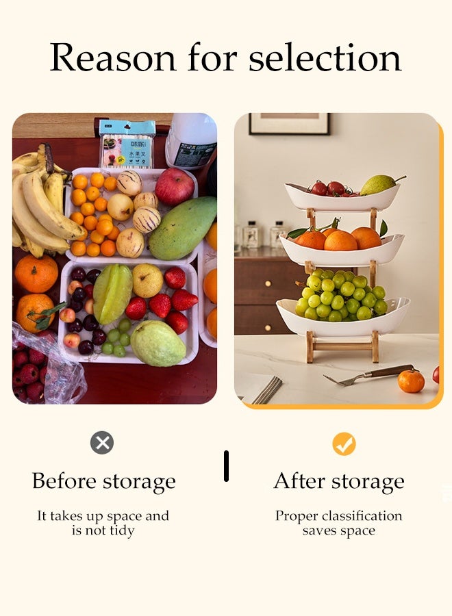 DUNISO 3 Tier Fruit Basket Kitchen Fruit Bowl Long Lasting Elegant Fruit Storage Bowls Luxury Serving Snack Table Plates Serve Dessert Trays Oval Bowl Set with Natural Rack Tiered Serving Tray Set for Fruits and Vegetables - Image 3