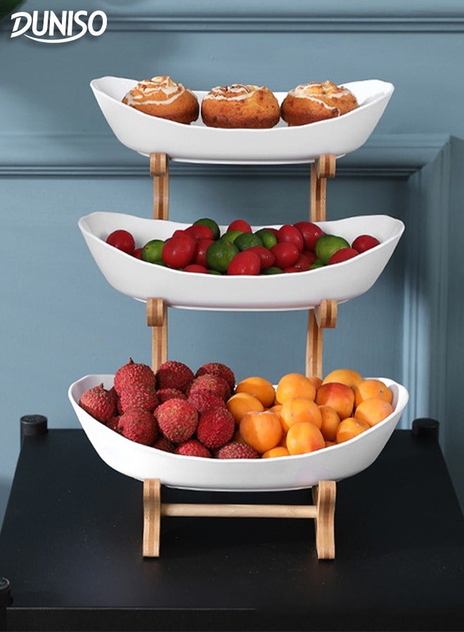 DUNISO 3 Tier Fruit Basket Kitchen Fruit Bowl Long Lasting Elegant Fruit Storage Bowls Luxury Serving Snack Table Plates Serve Dessert Trays Oval Bowl Set with Natural Rack Tiered Serving Tray Set for Fruits and Vegetables - Image 1