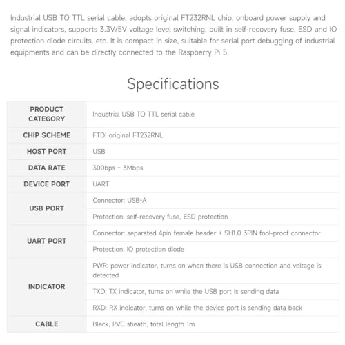 waveshare Industrial USB to TTL (D) Serial Cable, Compatible with Raspberry Pi 5, Original FT232RNL Chip, Multi Protection Circuits, with Separated 4pin Header + SH1.0 3PIN Connector - Image 4