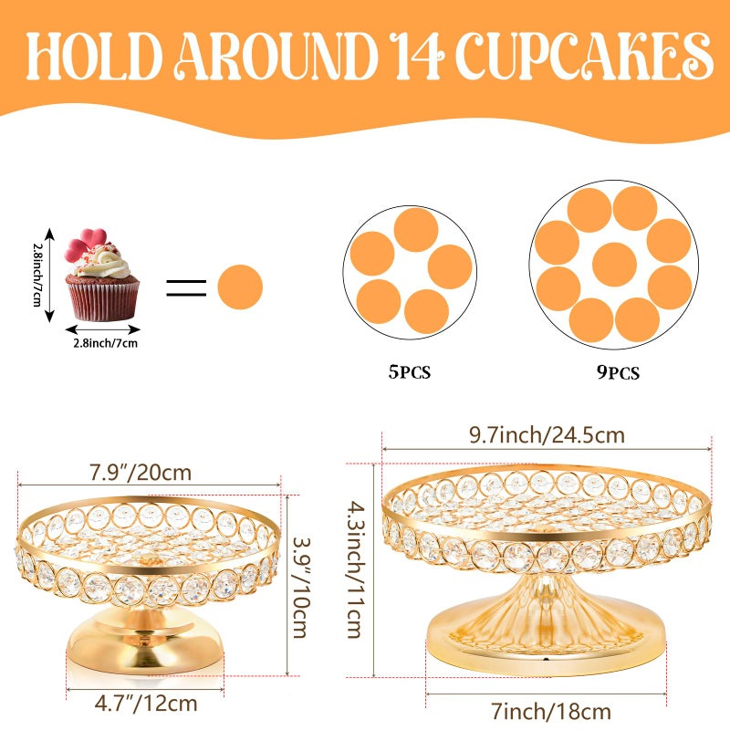 KEHAIL Round Metal Dessert Tray Set of 2, 9.7" & 7.9" Crystal Cupcake Display Stand for Weddings, Birthdays, Anniversaries, Party Centerpieces, Snacks and Fruit Plates (Gold, 2pcs-9.7"+7.9") - Image 2