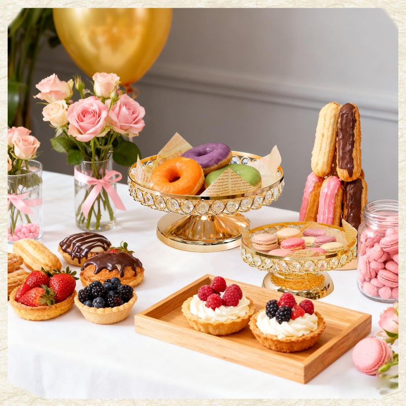 KEHAIL Round Metal Dessert Tray Set of 2, 9.7" & 7.9" Crystal Cupcake Display Stand for Weddings, Birthdays, Anniversaries, Party Centerpieces, Snacks and Fruit Plates (Gold, 2pcs-9.7"+7.9") - Image 4